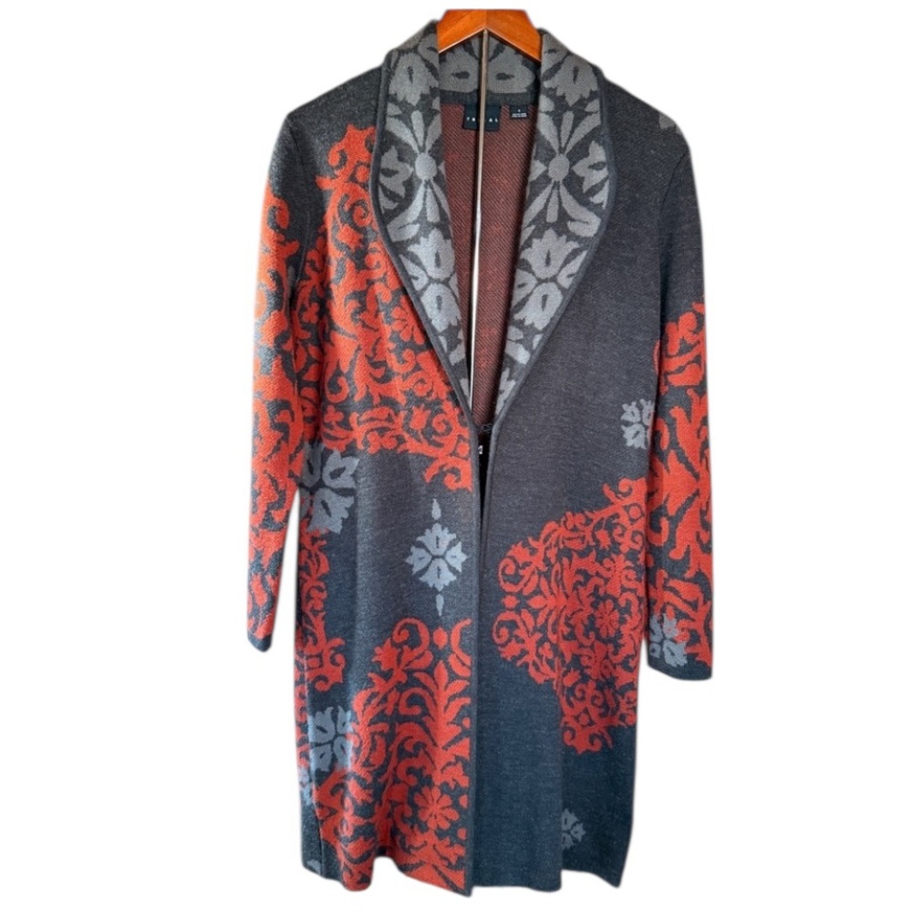 Tribal Women's Open Front Longline Sweater Coat in gray & red Size S